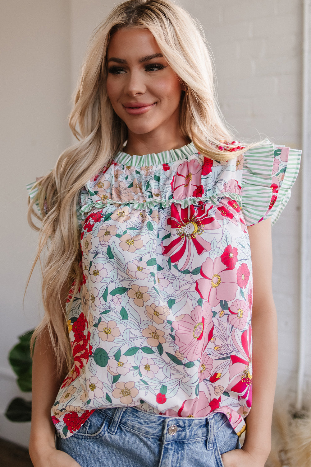 Anne Floral Ruffle Trim Short Sleeve Blouse