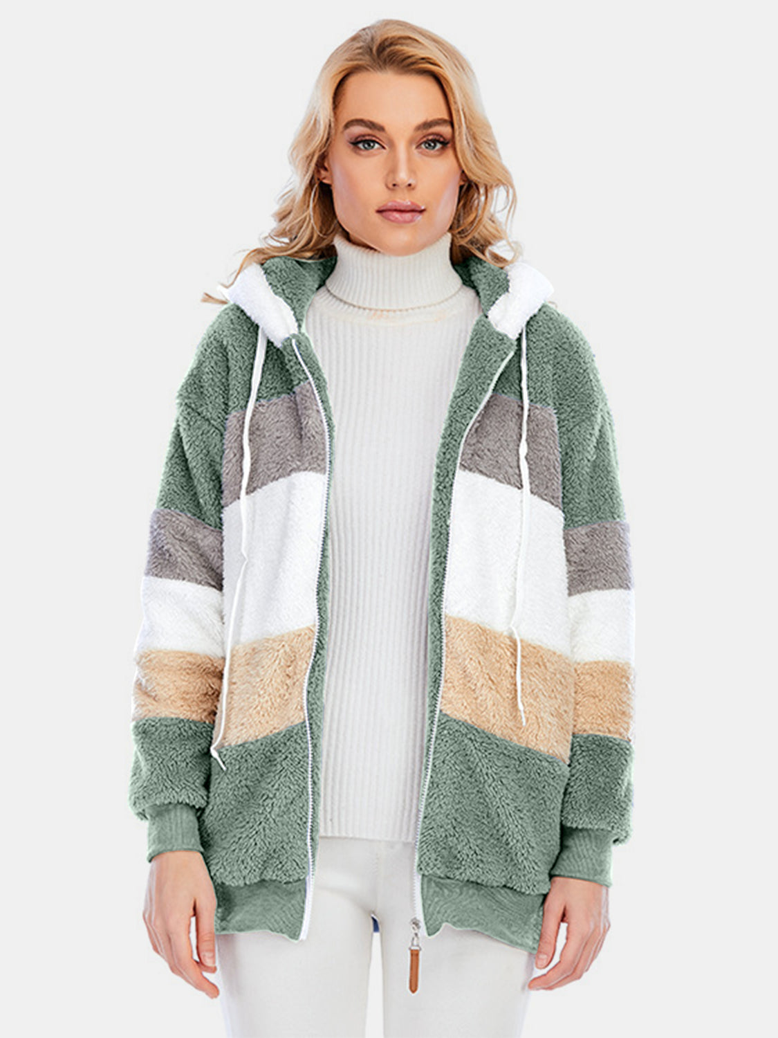 Full Size Drawstring Color Block Zip Up