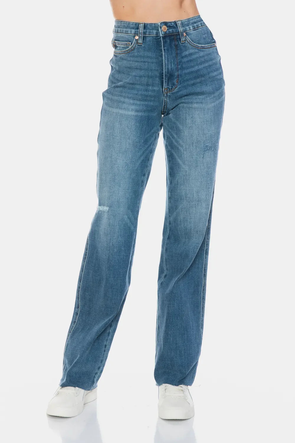 Judy Blue Tummy Control Cut Raw Hem straight jeans with high waist and stretchy fabric