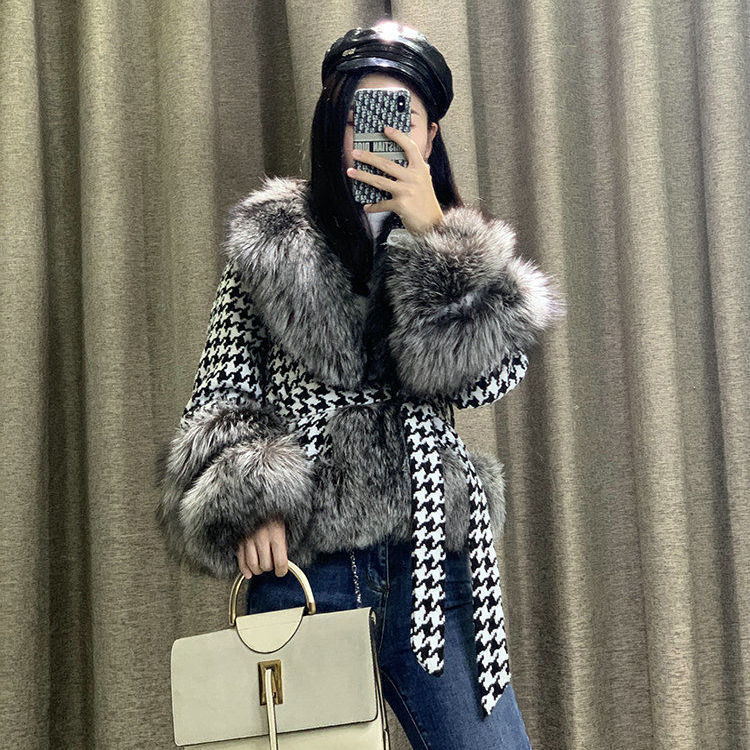 Silver Collar Fox Fur Houndstooth Jacket