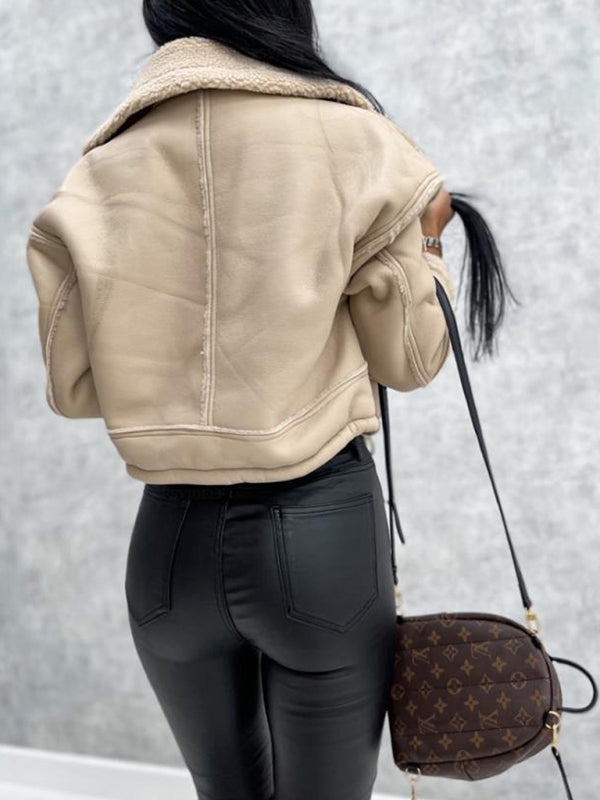 Lamb wool short coat zipper motorcycle style jacket