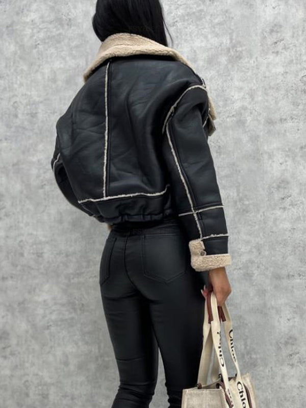 Lamb wool short coat zipper motorcycle style jacket
