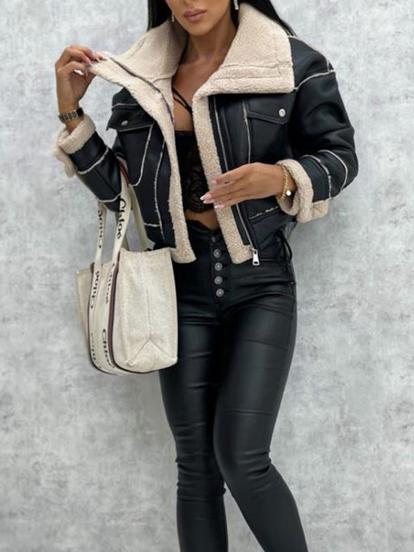 Lamb wool short coat zipper motorcycle style jacket