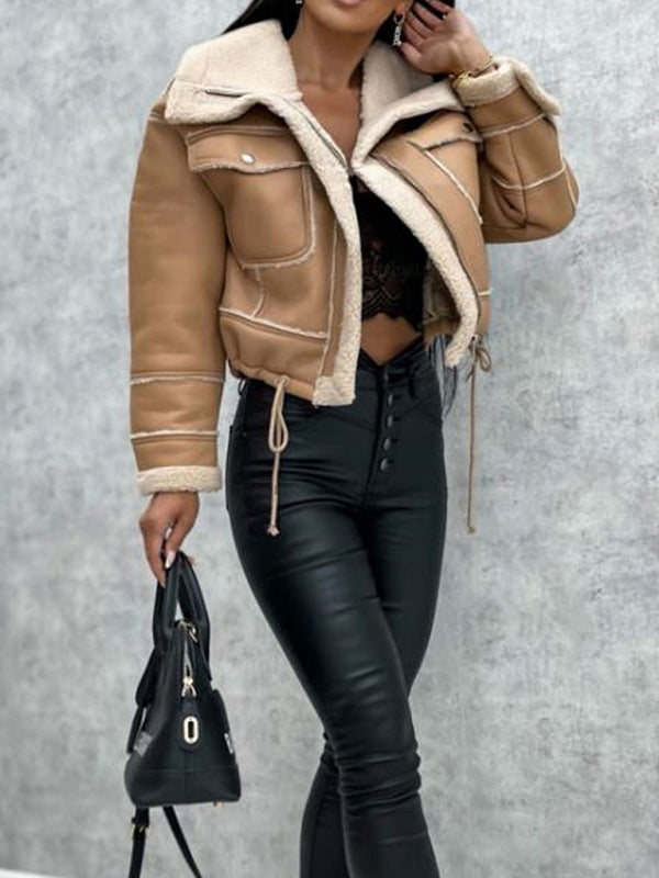 Lamb wool short coat zipper motorcycle style jacket