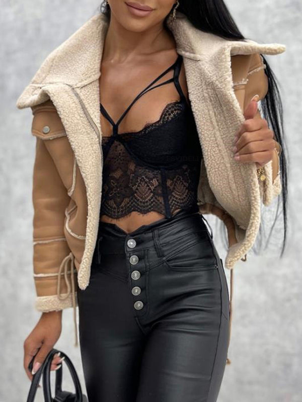 Lamb wool short coat zipper motorcycle style jacket